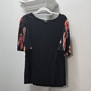 Ann Taylor Black Top with Floral Pleated Short Sleeves